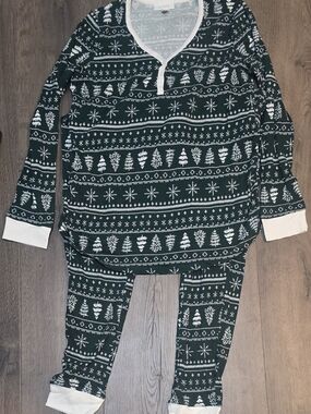 LC Lauren Conrad Womens Maternity Pajama Set Button Green White L Christmas